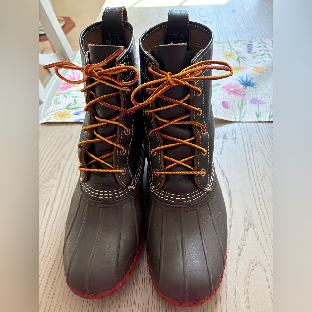 LL Bean Classic Waterproof Duck Boots in Dark Brown with Red Sole